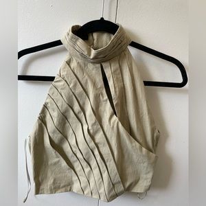 Zara Cotton Pleated Crop Top Blouse With Halter Collar Khaki Size S